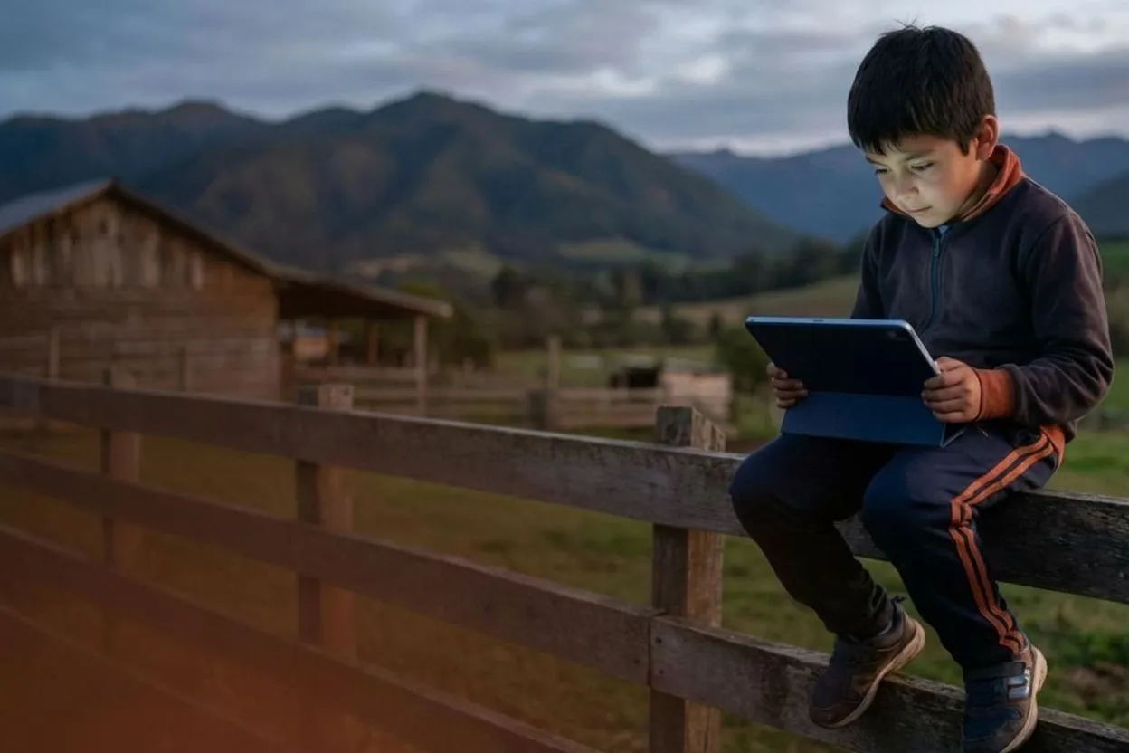 Student using a tablet in a school setting with educational support.